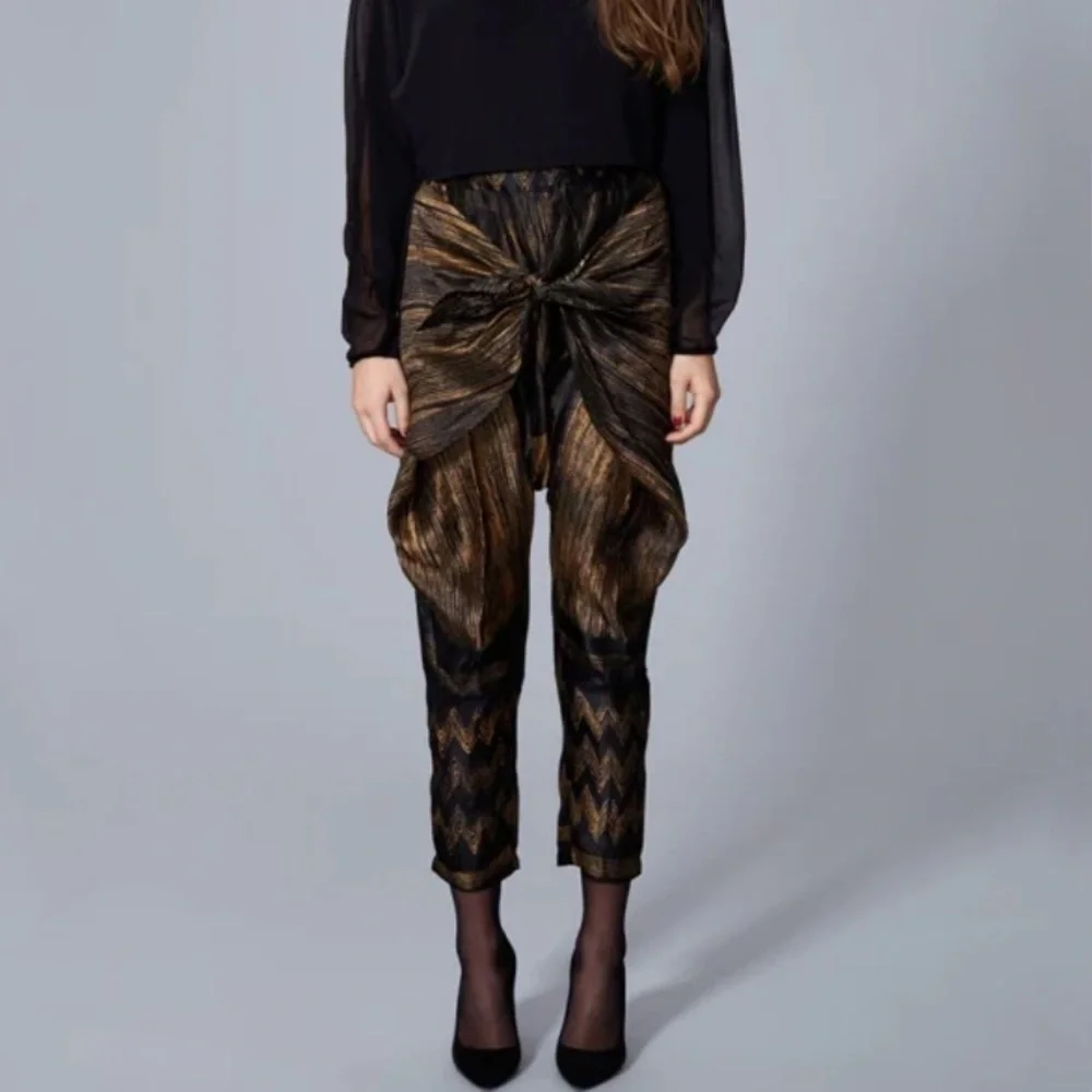 Anthro Silk Harem Pants Gold Black Knot Front Euro Statement XS